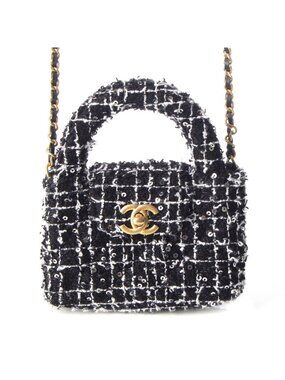 Chanel Tweed Sequin Mini Shopping Coco Handle Chain Shoulder Bag Black White